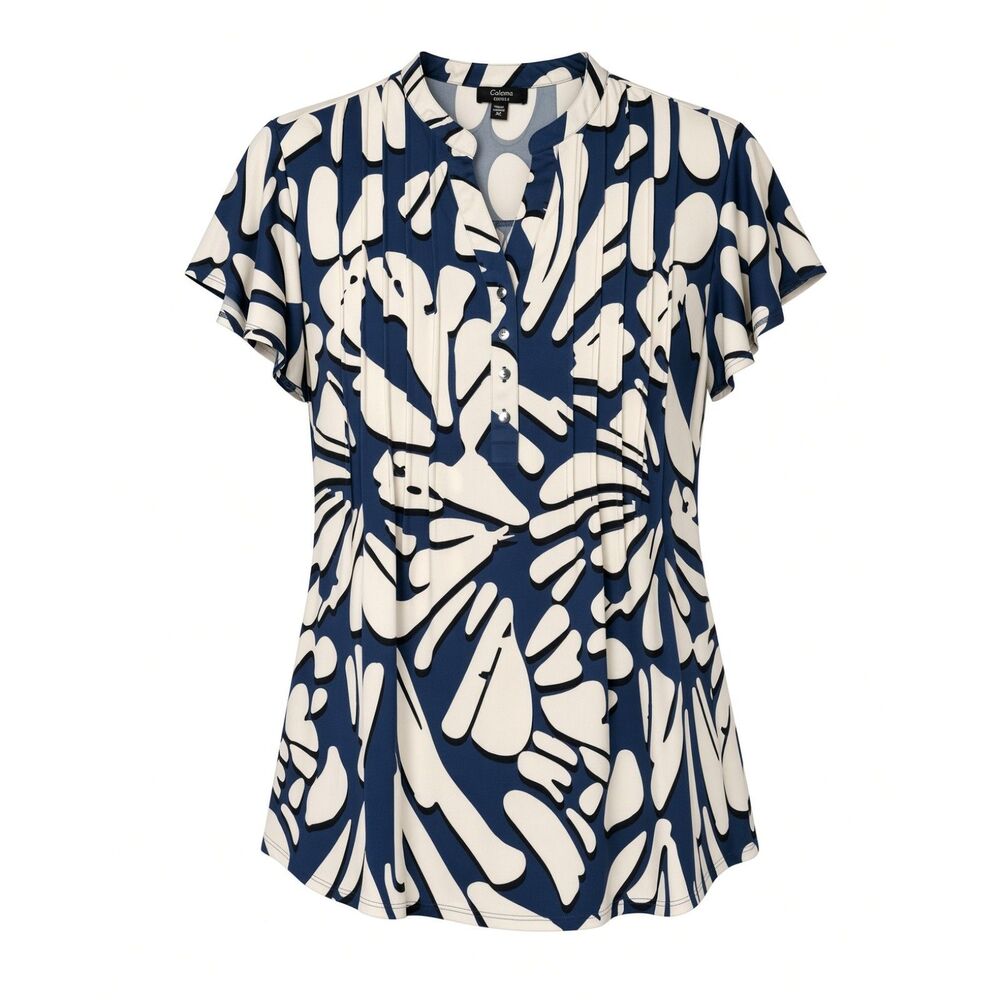 Cocomo Women's Size 2X Blue Ivory Floral Print Fluttered Short Sleeve Top